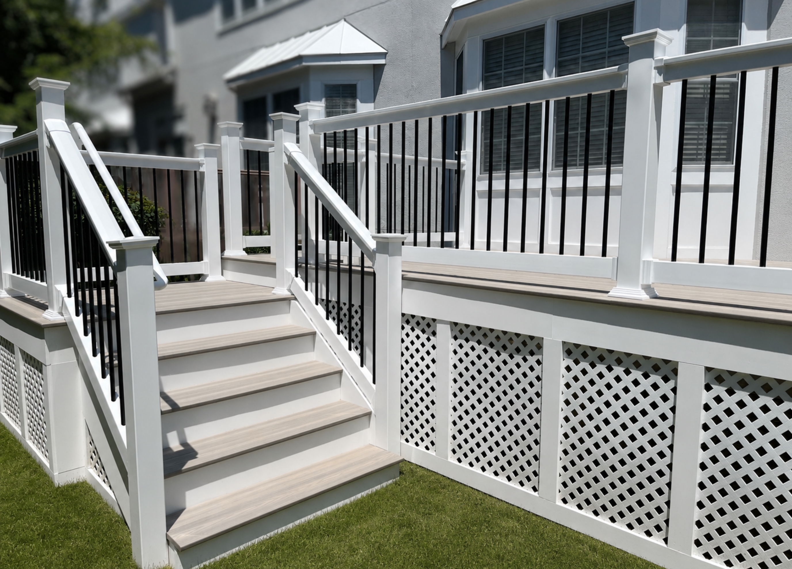 Composite Deck Staircase with Lattice Skirting & Black Balusters