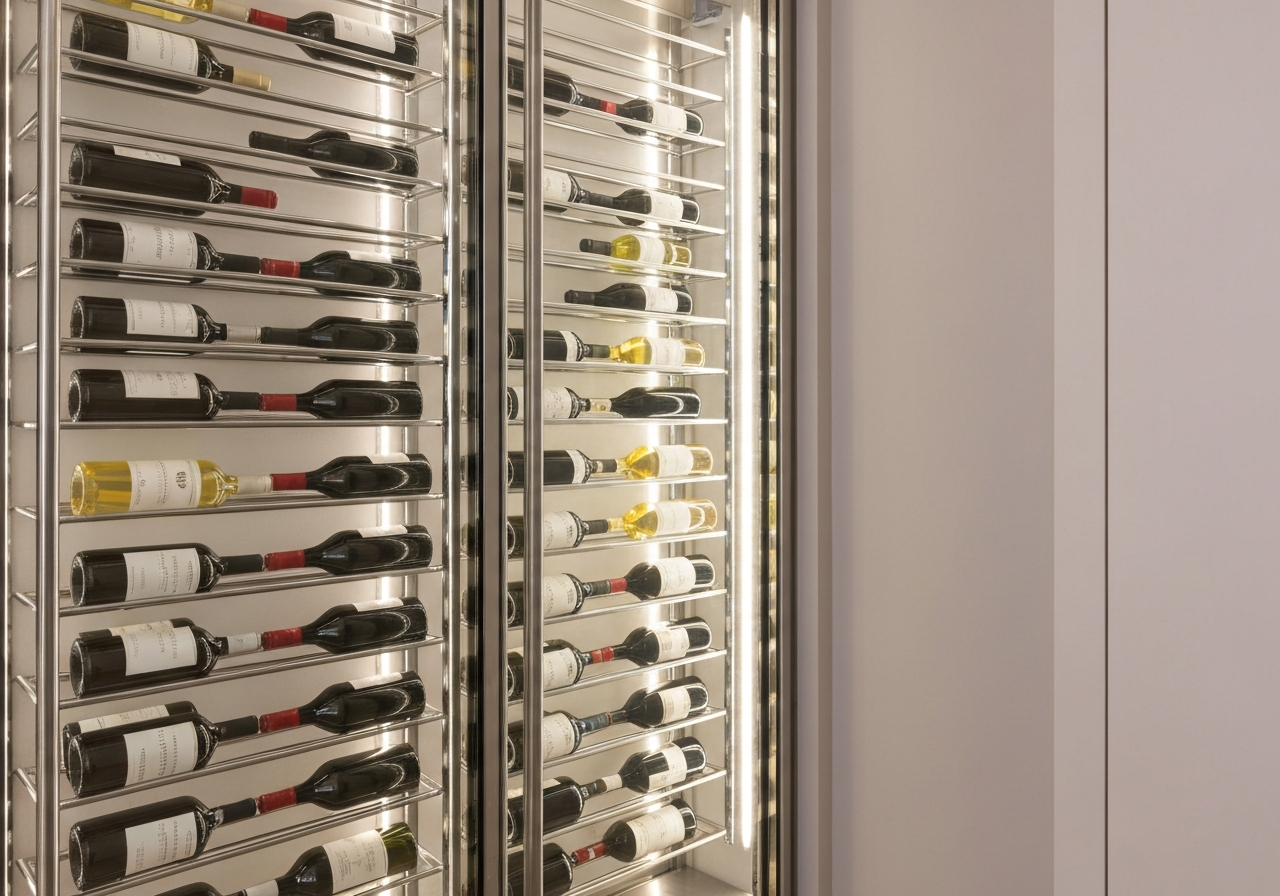 Custom temperature-controlled glass wine cellar enclosure installation