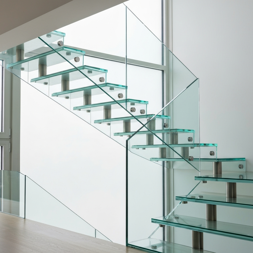 Minimalist frameless glass staircase railing installation