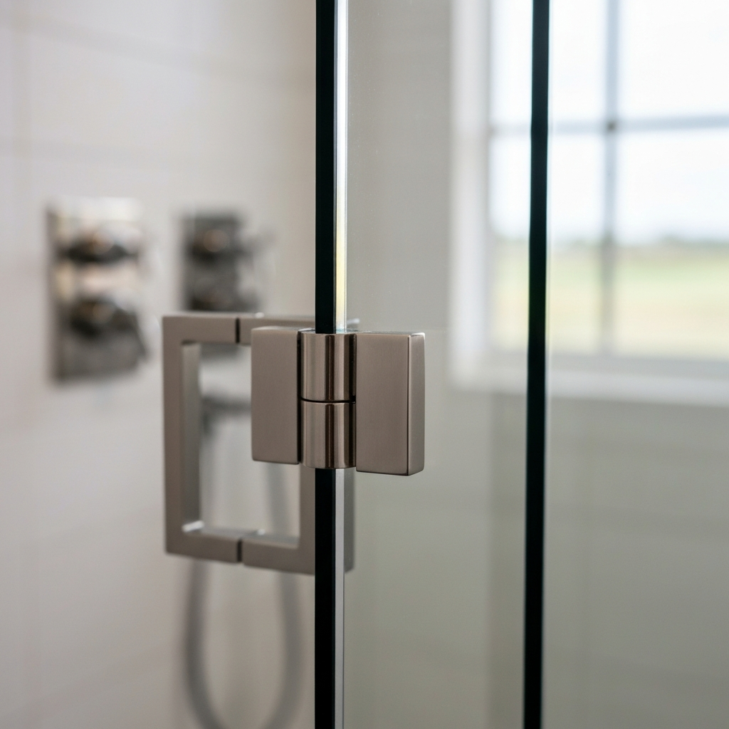 Premium custom glass shower hardware and hinge detail in Chicago