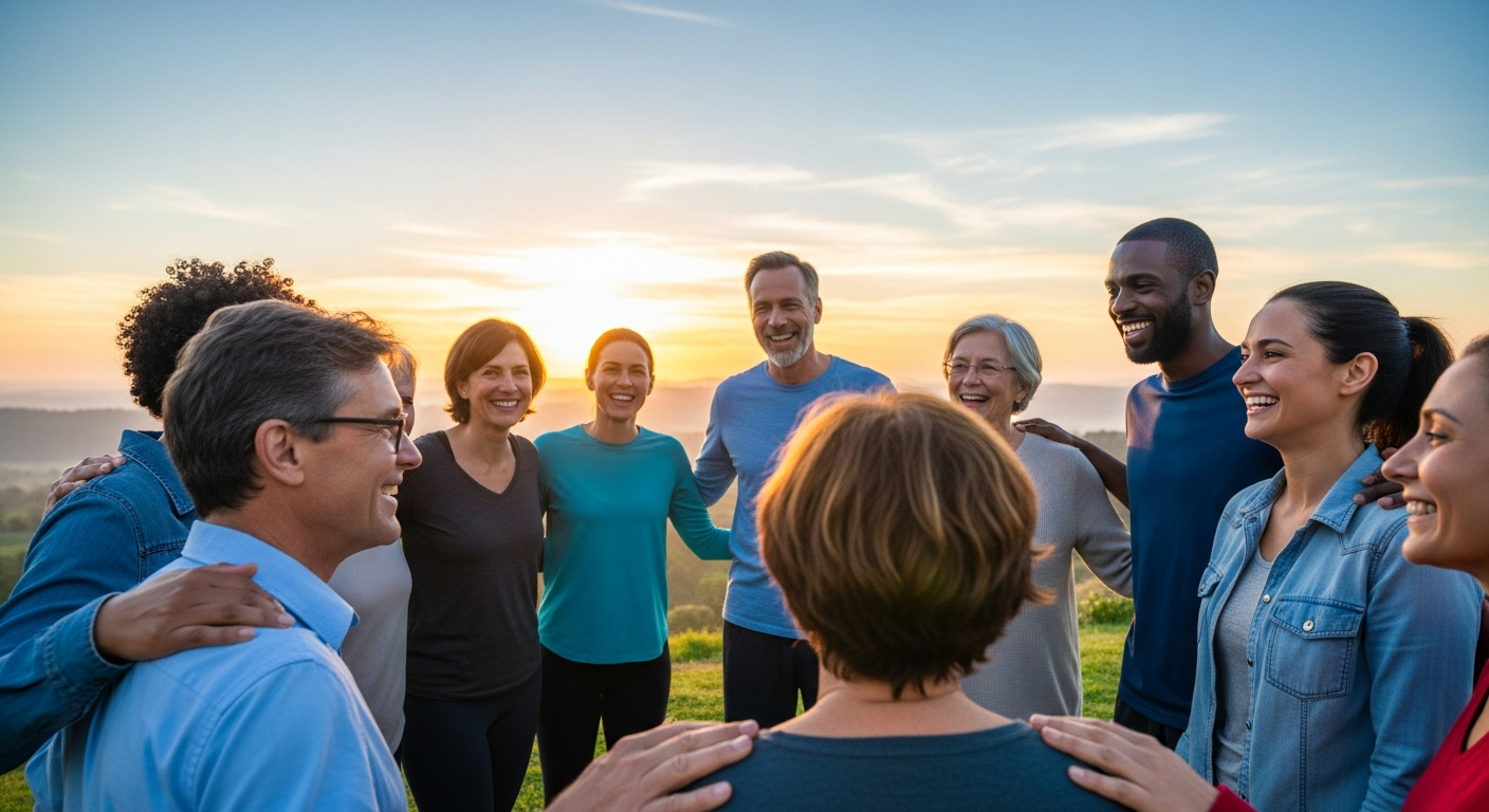 Diverse adults encouraging one another at a hopeful sunrise