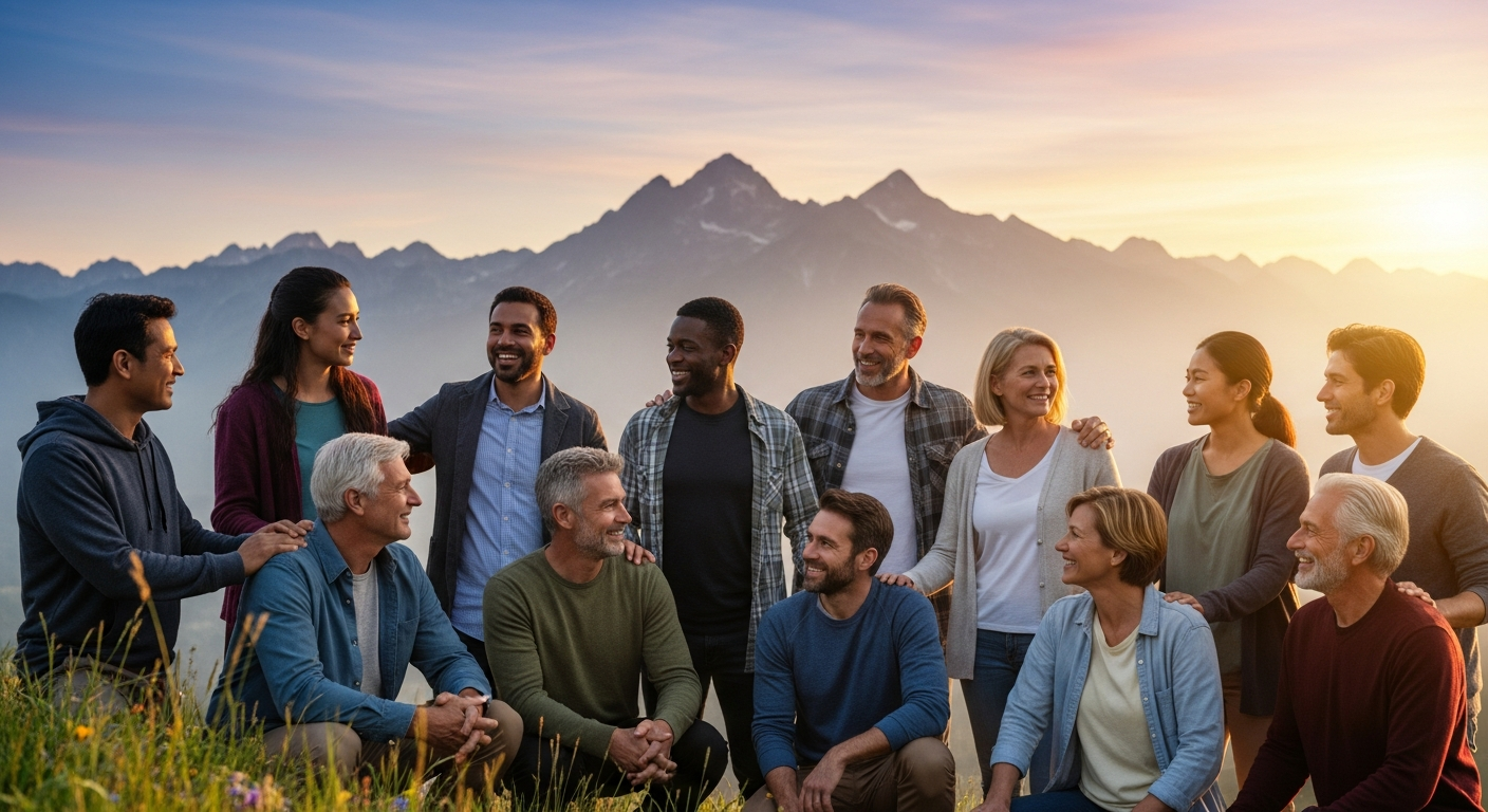 Sunrise and mountain imagery representing new beginnings with diverse adults finding encouragement