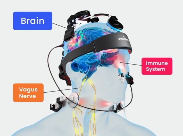 VieLight Neuro device showing transcranial photobiomodulation targeting brain, vagus nerve, and immune system