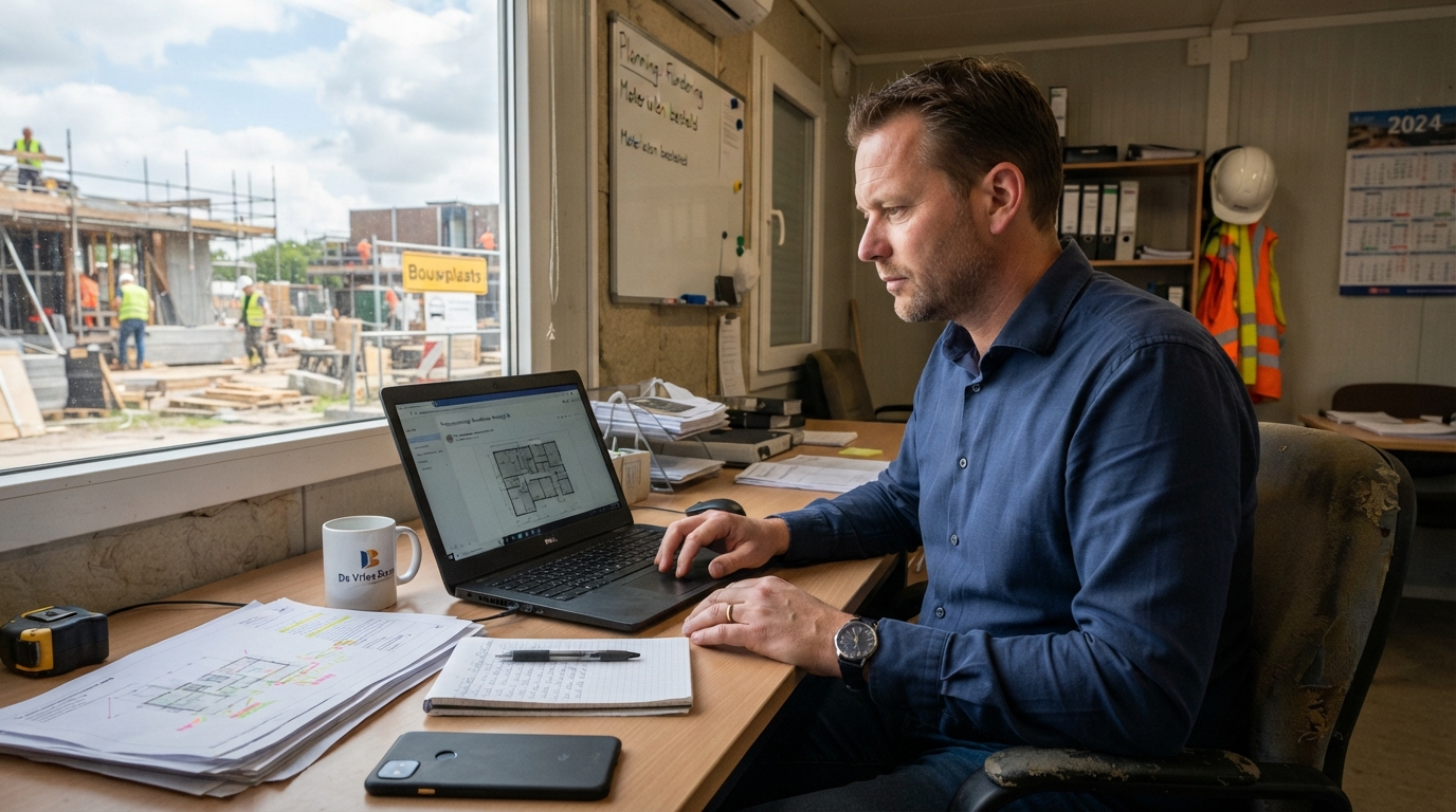 Aannemer beoordeelt een projectaanvraag op zijn laptop in de werkkeet