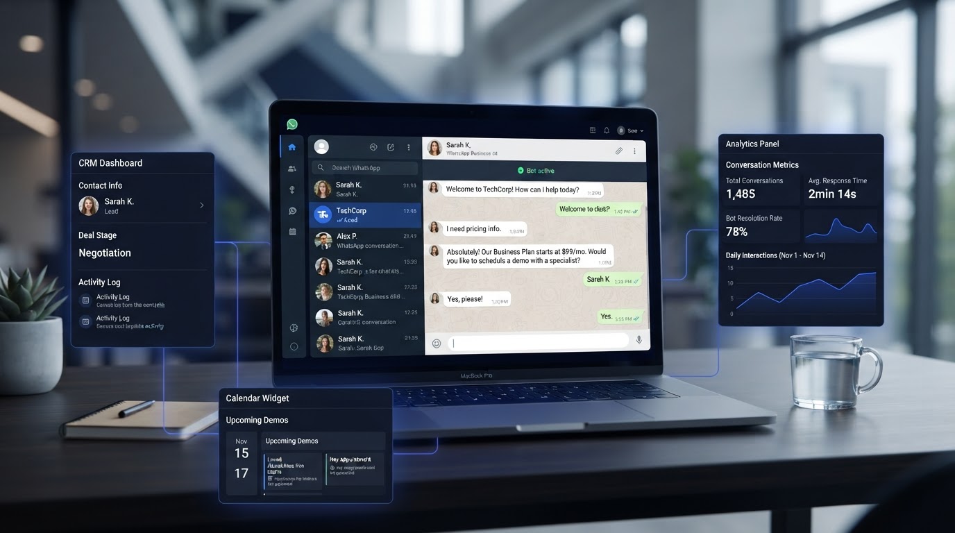 Panel de control de un chatbot para WhatsApp conectado a CRM, calendario y analítica de conversaciones