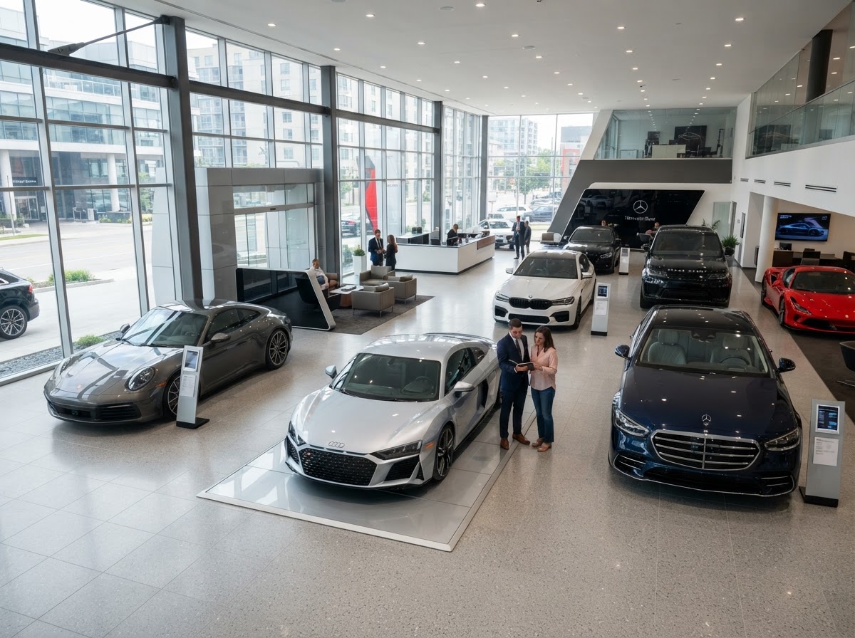 Auto dealership showroom with modern vehicles