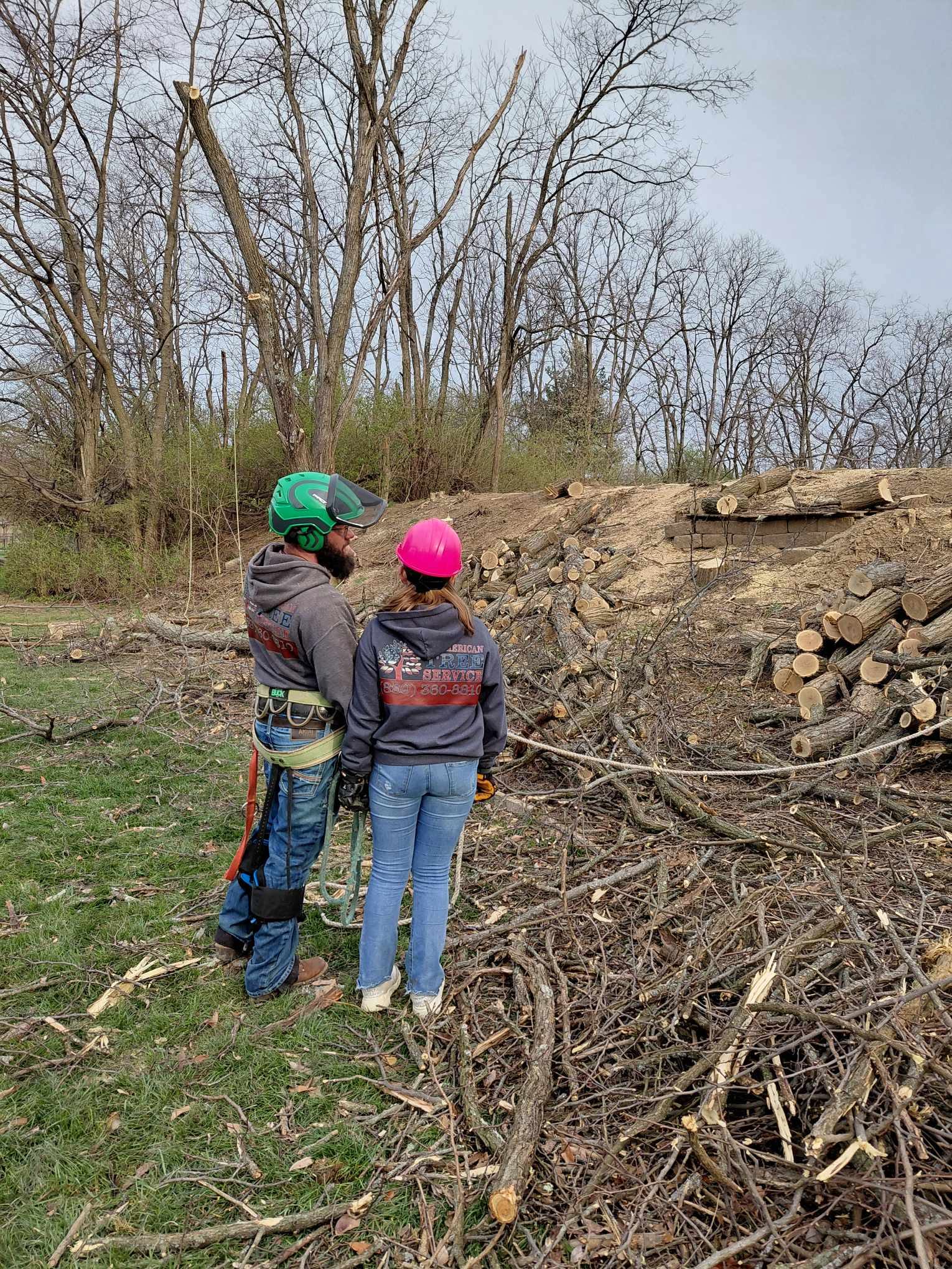 Owner Mark Melford and his daughter evaluating a pile of logs after a tree removal