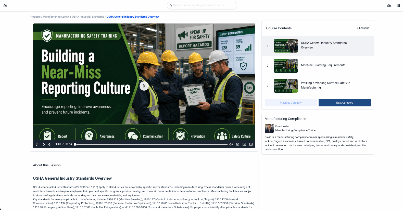 ComplianceVideo.com training video player interface showing a manufacturing compliance course in progress