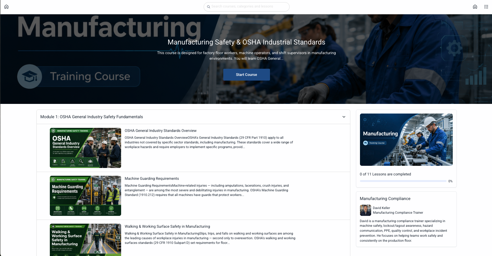 Detailed view of course modules and staff progress tracking in the ComplianceVideo.com portal