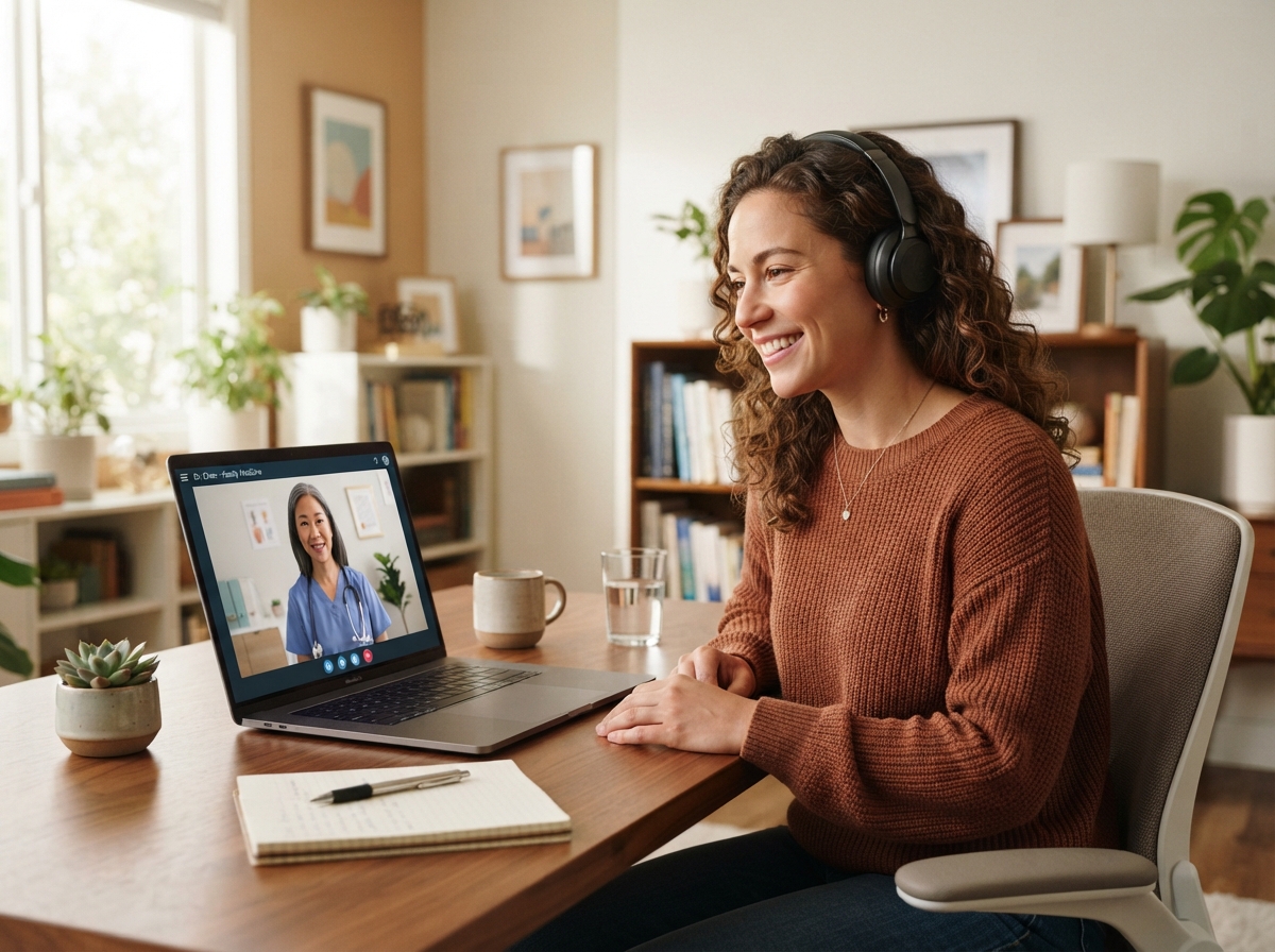 A patient participating in a video telehealth appointment from a private home setting
