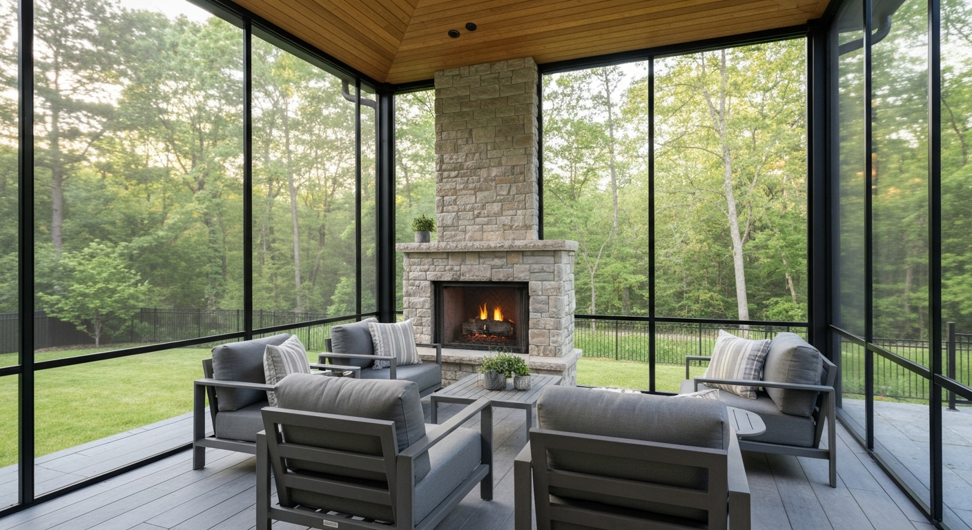 Screened porch interior with comfortable seating, built by Deck World