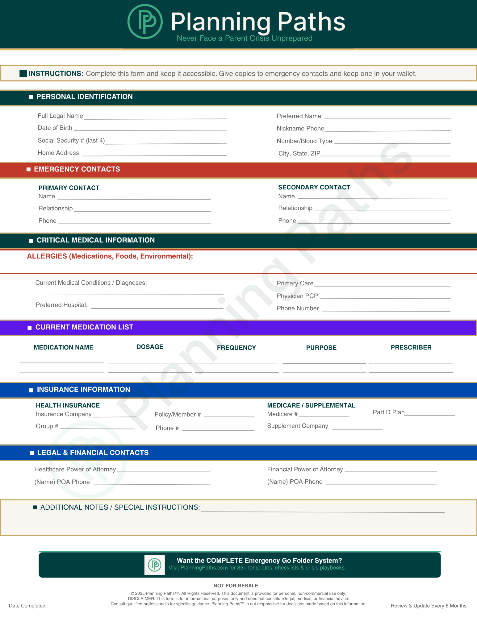 Emergency Information Sheet Preview