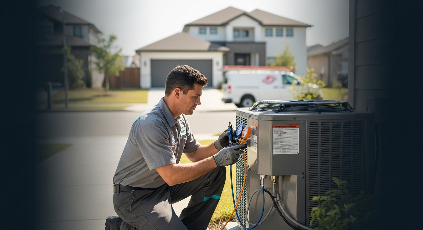 HVAC technician servicing residential air conditioning equipment