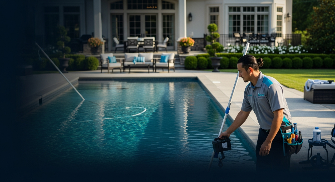 Pool services professional actively serving customers using modern business systems