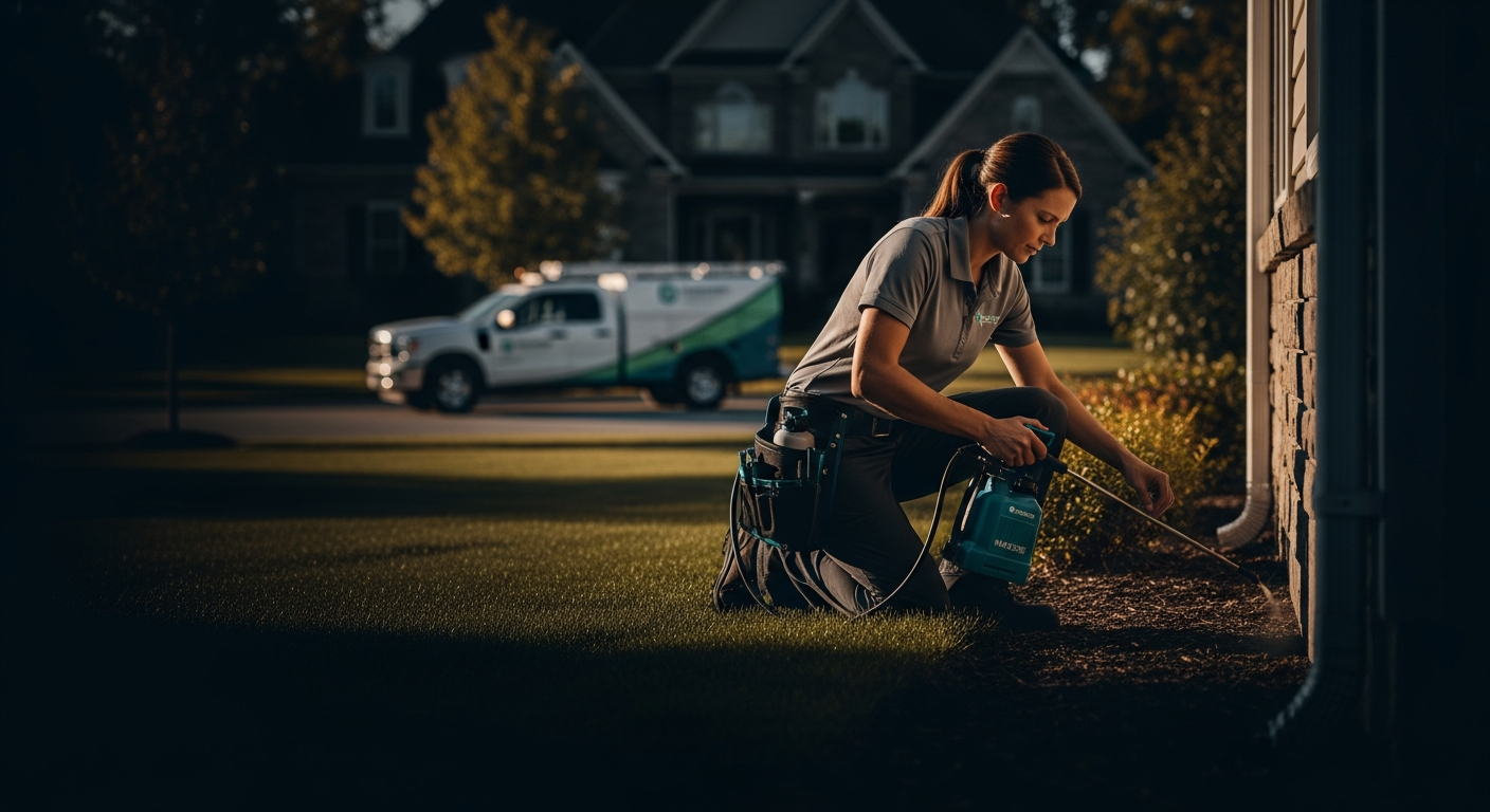 Pest control technician performing preventative treatment at a home