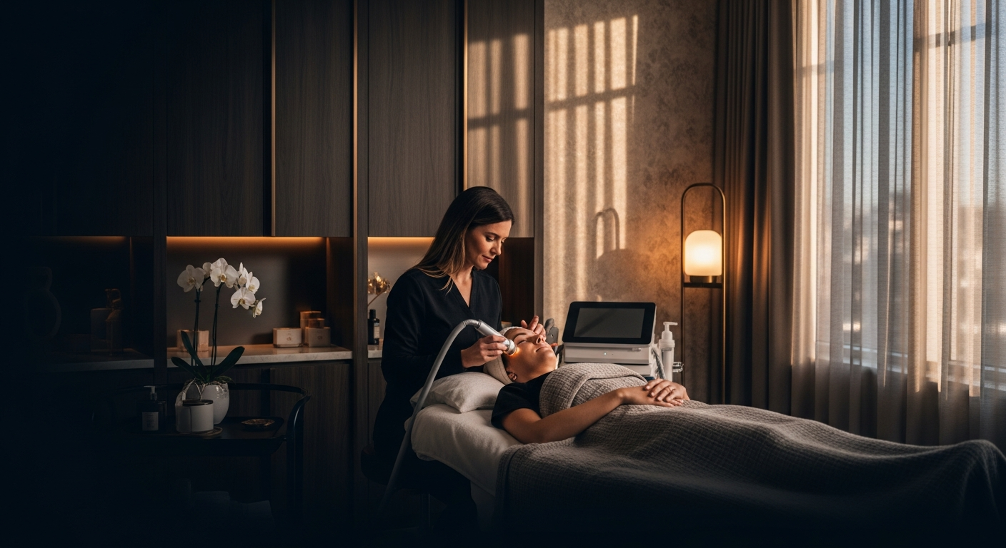 Medical spa professional actively serving customers using modern business systems