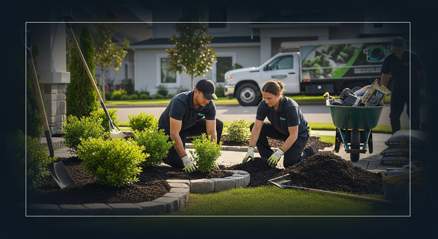 Landscaping crew transforming a residential outdoor space