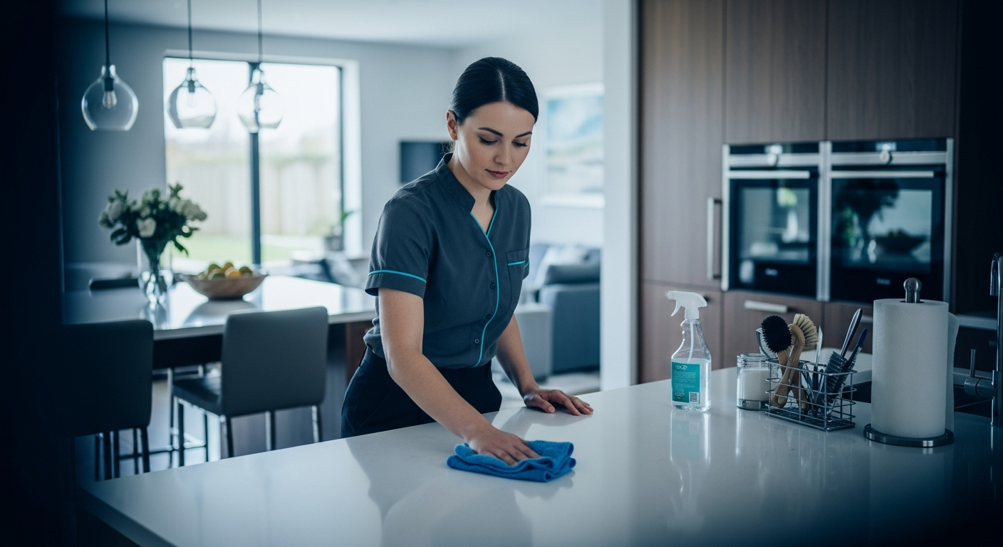 Cleaning professional actively serving customers using modern business systems