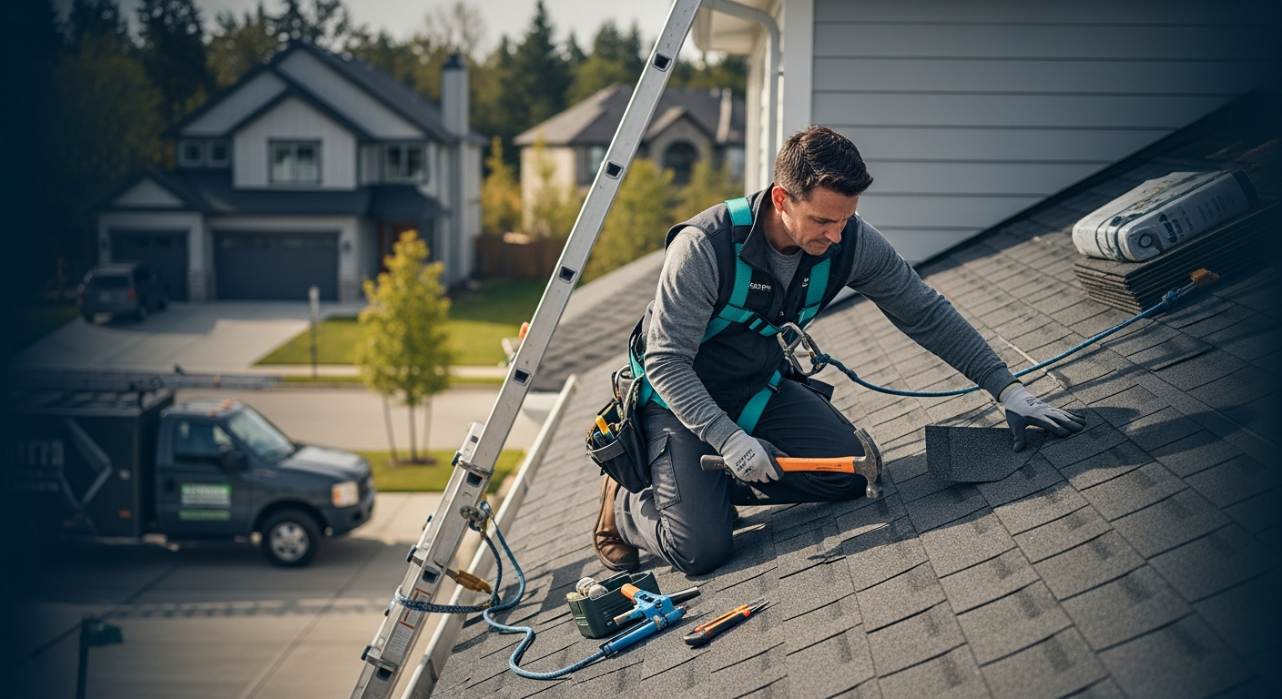 Roofing contractor inspecting a residential roof