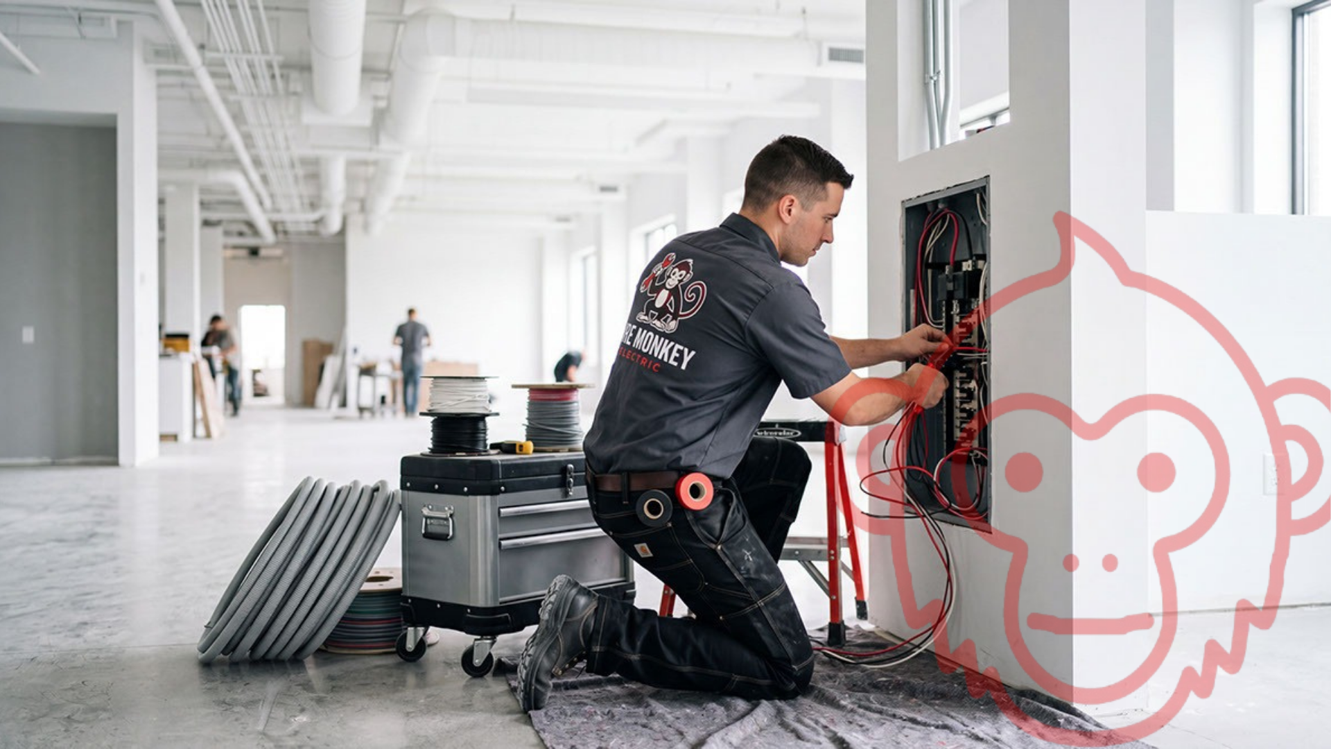 Professional electrician working on commercial electrical panel