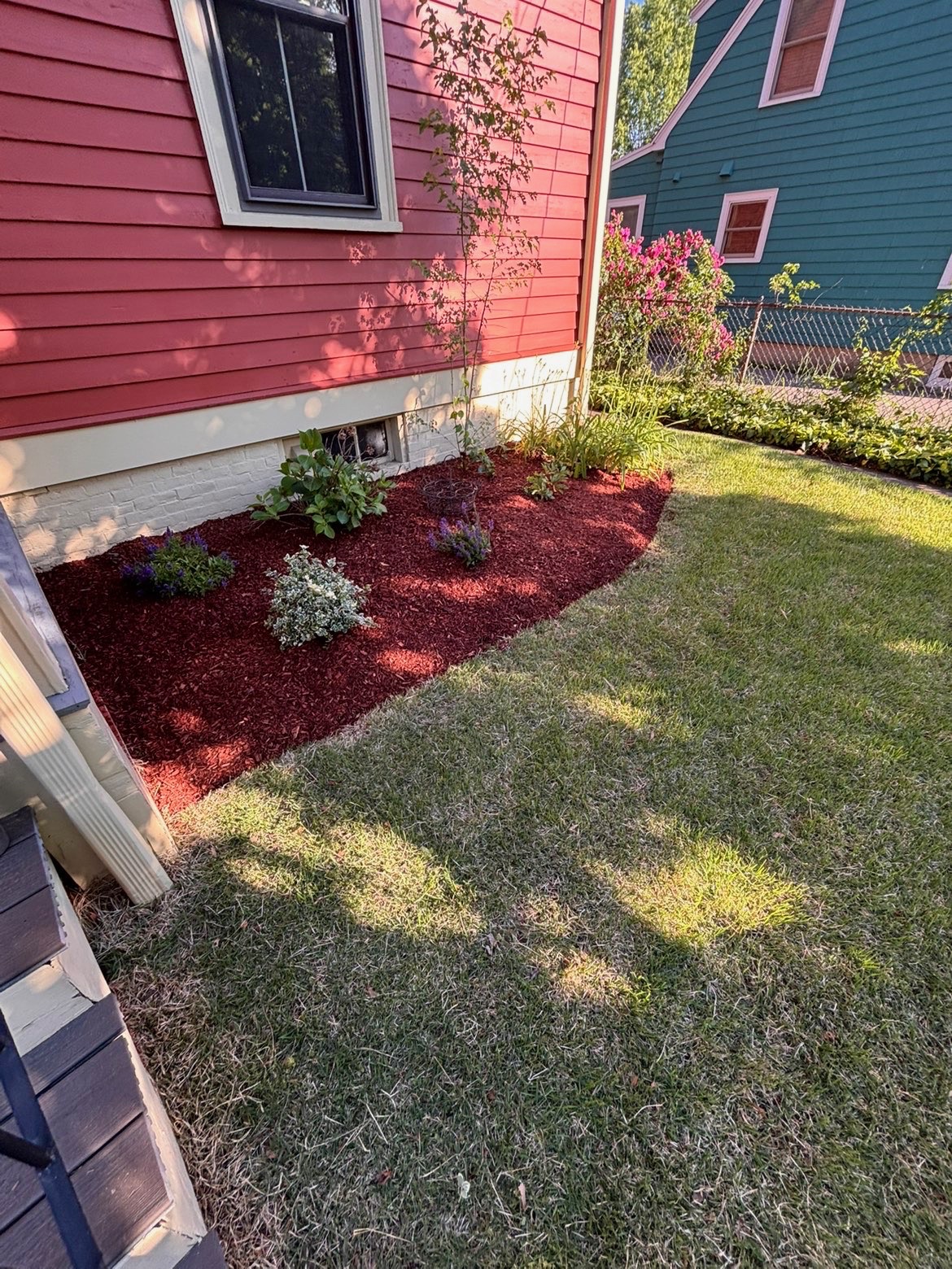 Freshly installed mulch garden bed, Arlington, MA
