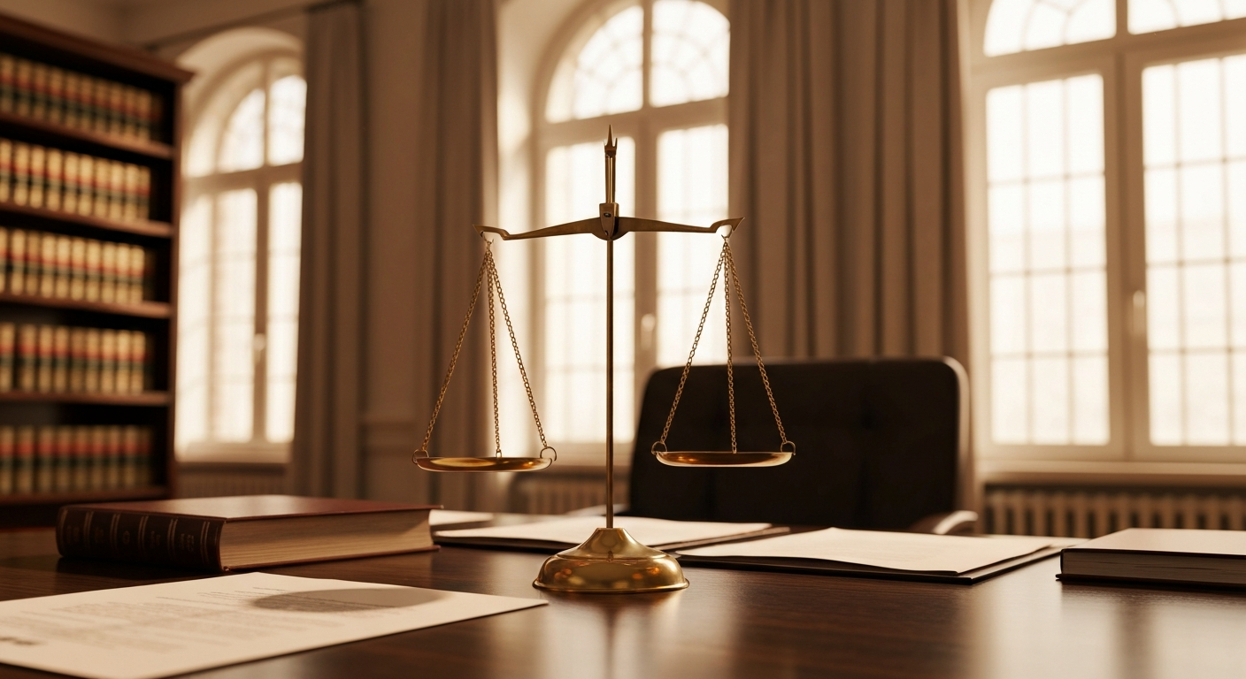 Scales of justice on a wooden desk