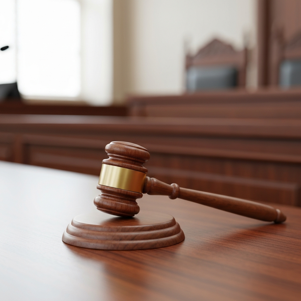 A wooden gavel in a courtroom