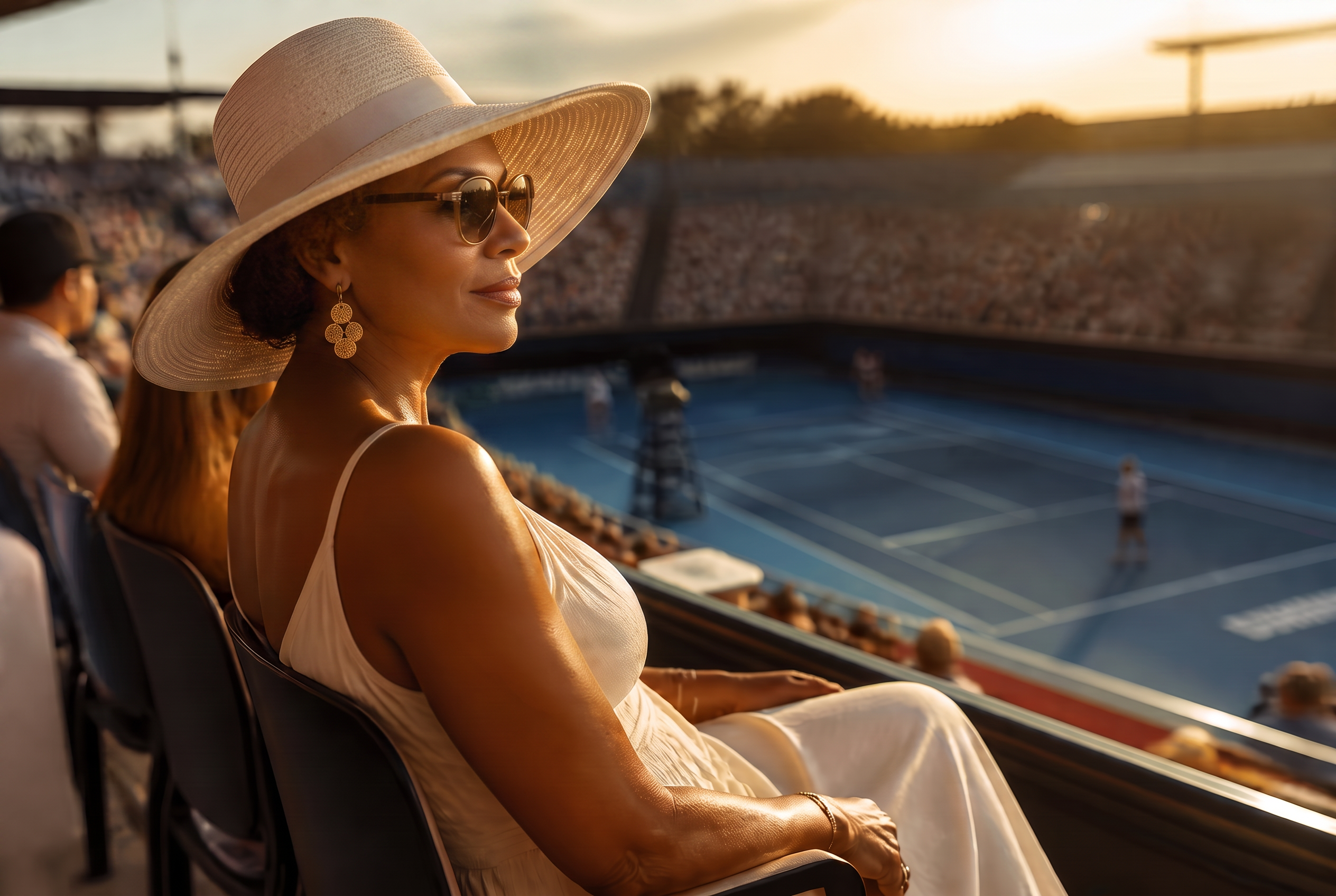 Woman watching a Grand Slam tennis match courtside