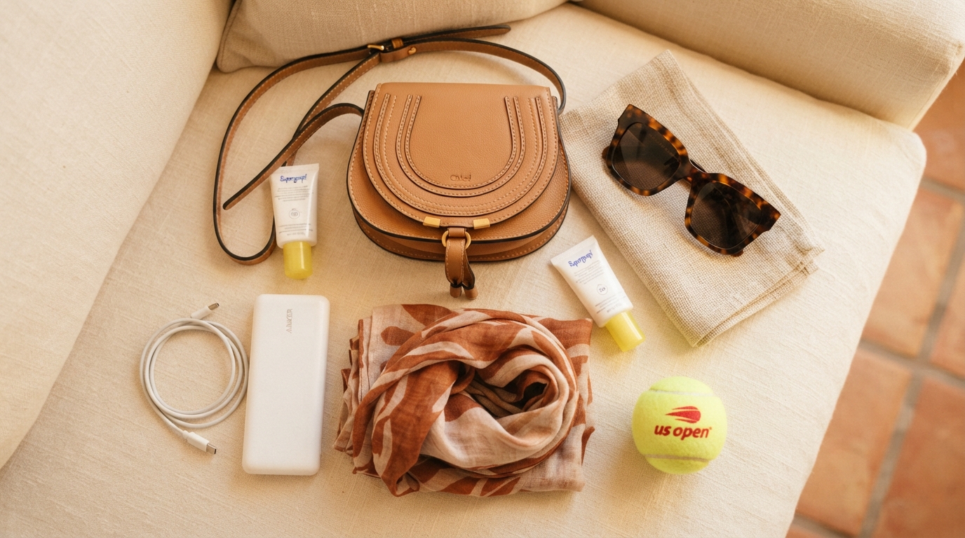 Flat lay of US Open tennis day essentials including a compact crossbody bag, sunglasses, scarf, and sunscreen