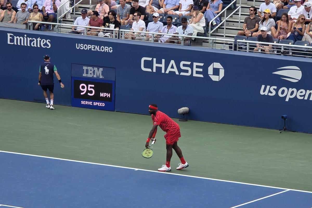 US Open court action with serve speed display