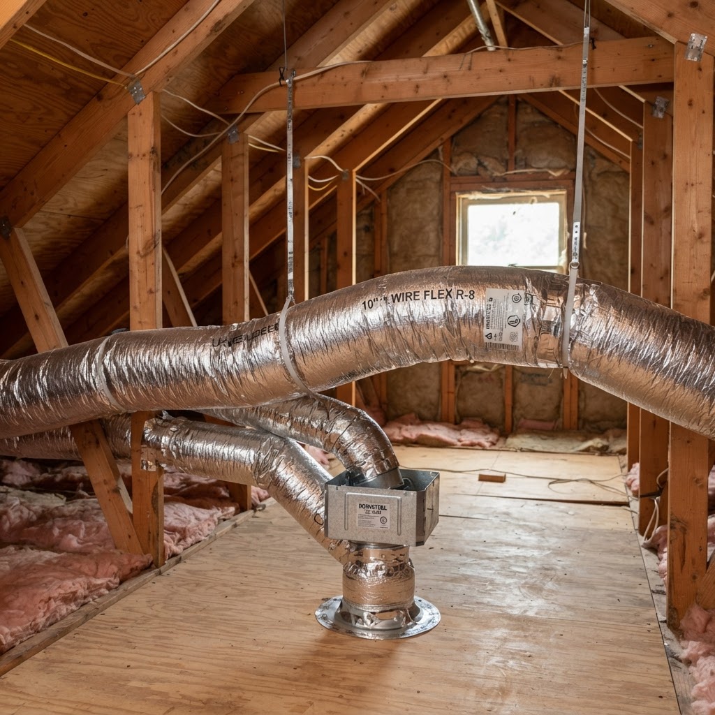 Wireflex flexible ductwork installation in a residential attic