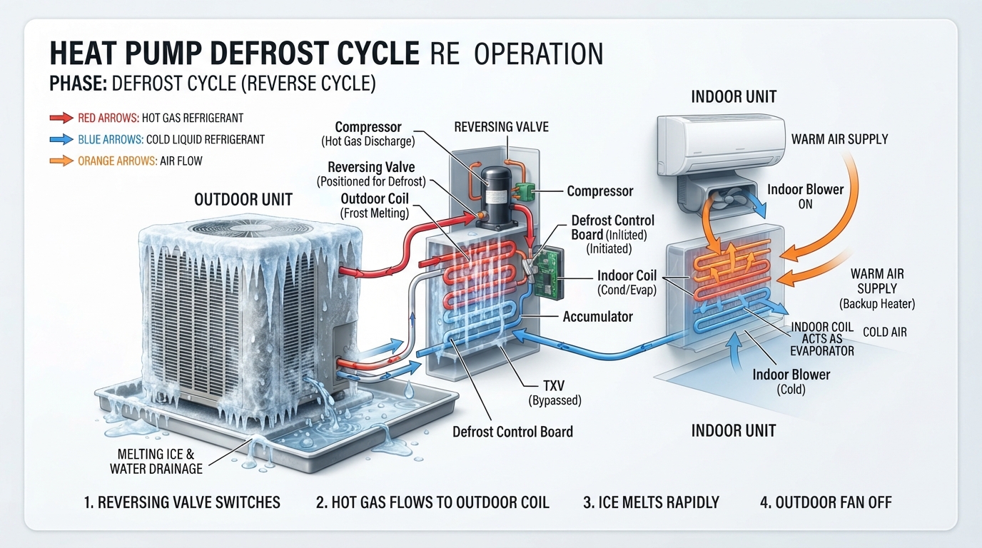 Infographic showing heat pump defrost cycle operation
