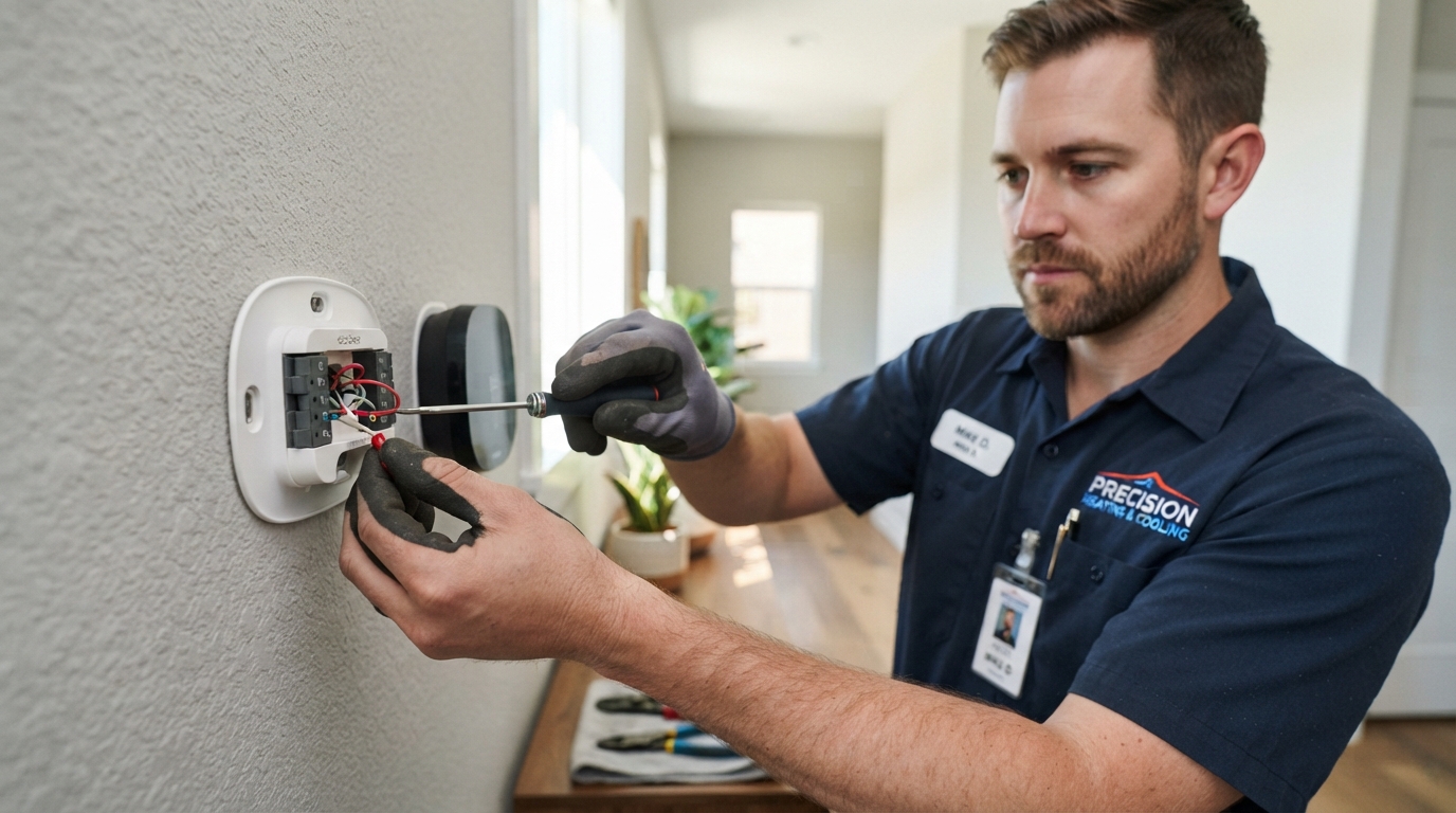 HVAC technician installing a smart thermostat on a wall