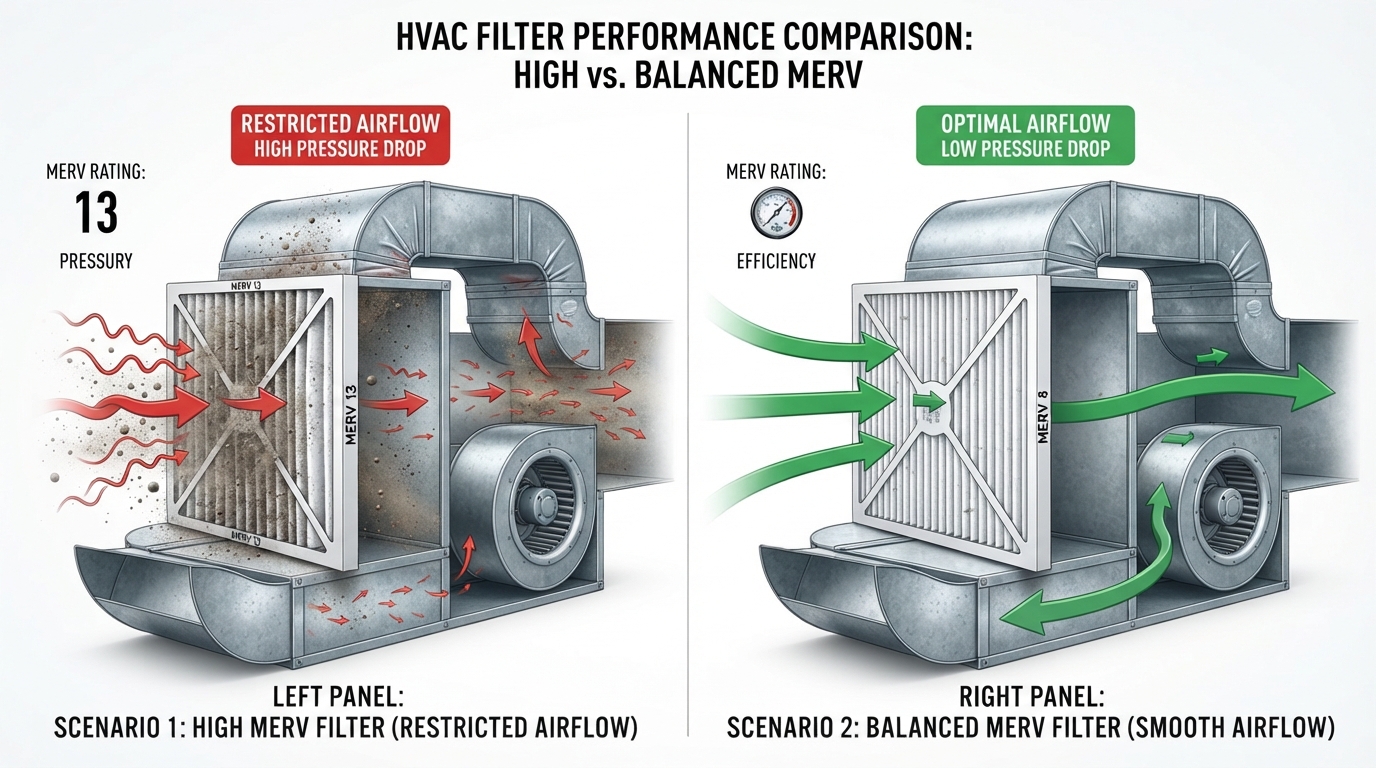 Comparison showing high MERV restricting airflow vs balanced MERV with optimal airflow