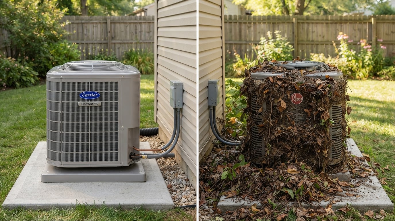 Clean heat pump unit with good airflow vs blocked unit with debris