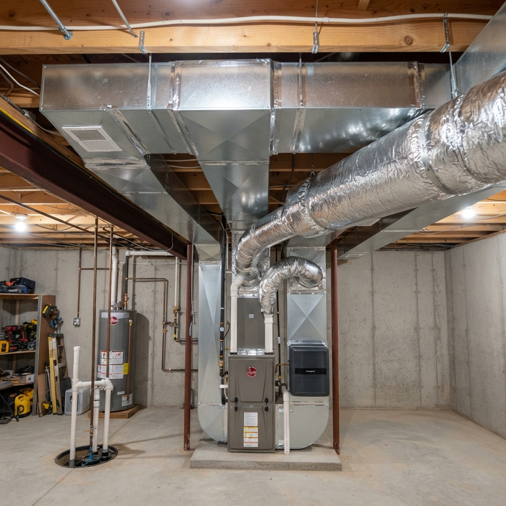 Galvanized metal ductwork in a residential utility room