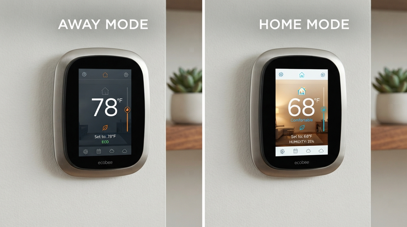 Smart thermostat showing Away Mode and Home Mode temperature settings