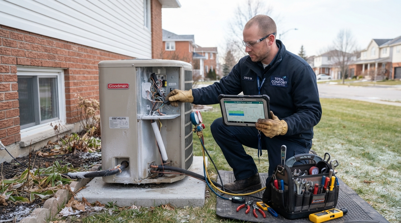 HVAC technician performing a pre-winter heat pump tune-up with a digital tablet