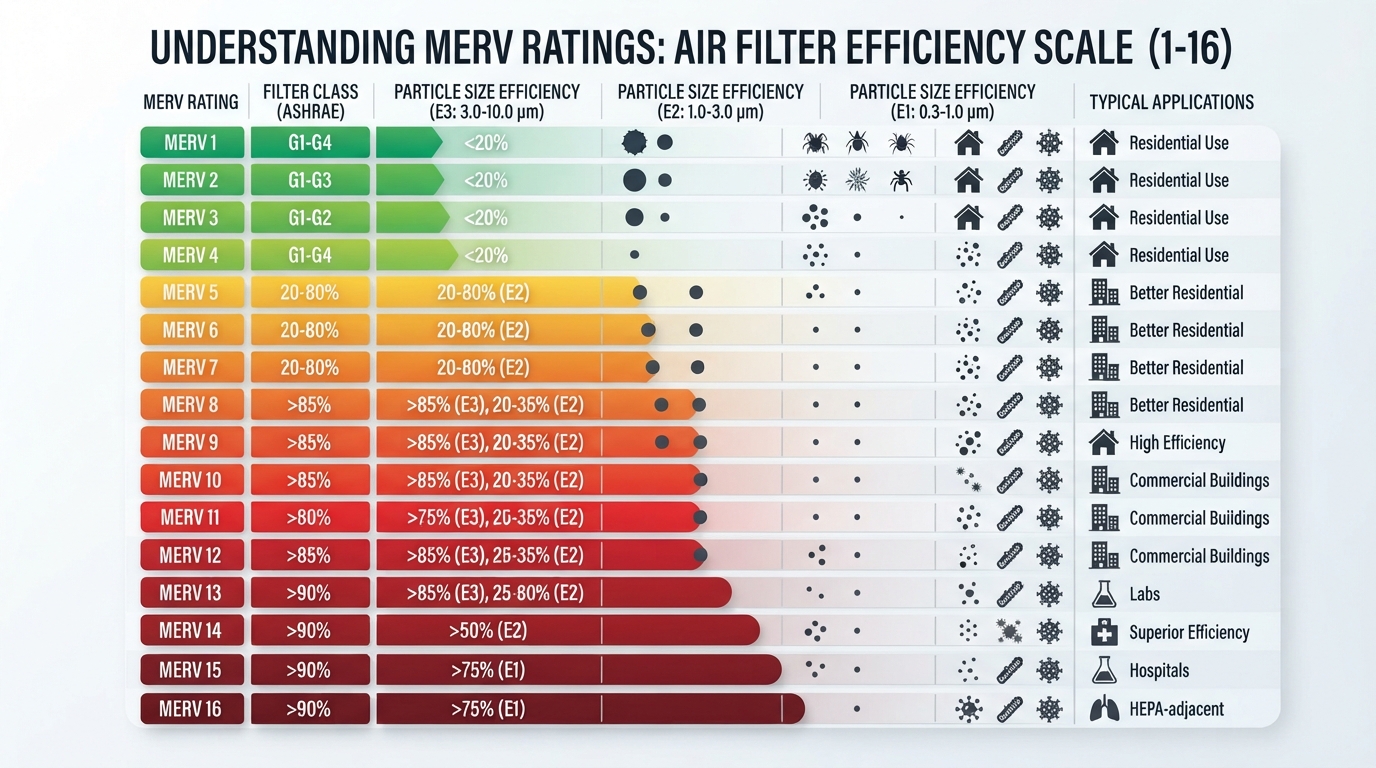 MERV rating scale visualization from 1 to 16