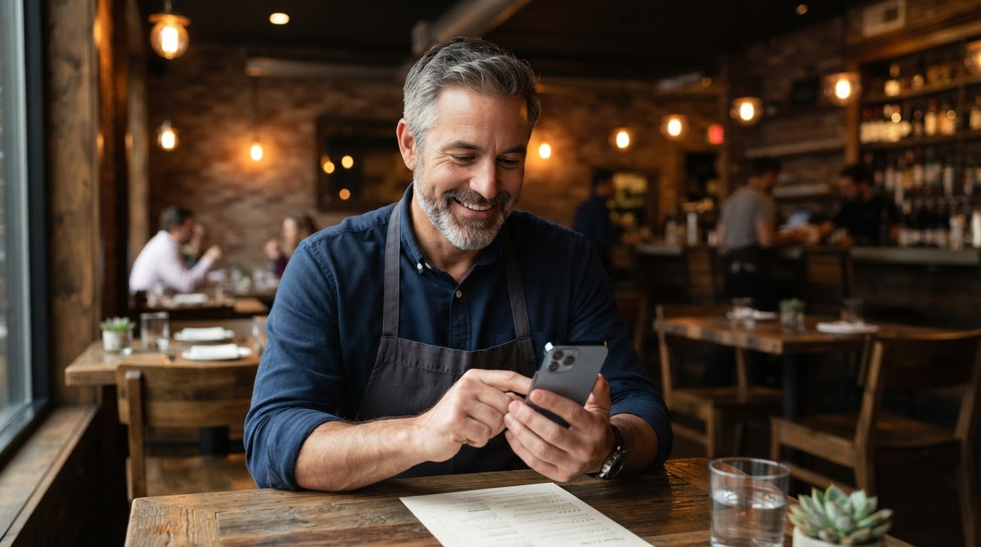 Restaurant owner reviewing customer ratings and Google reviews on a smartphone.