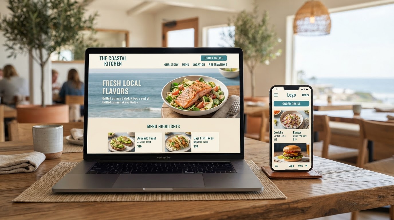 Custom restaurant website design displayed on desktop and mobile devices