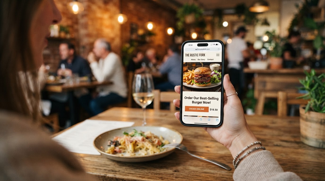 Restaurant website displayed on a smartphone with food photos and an online ordering button.