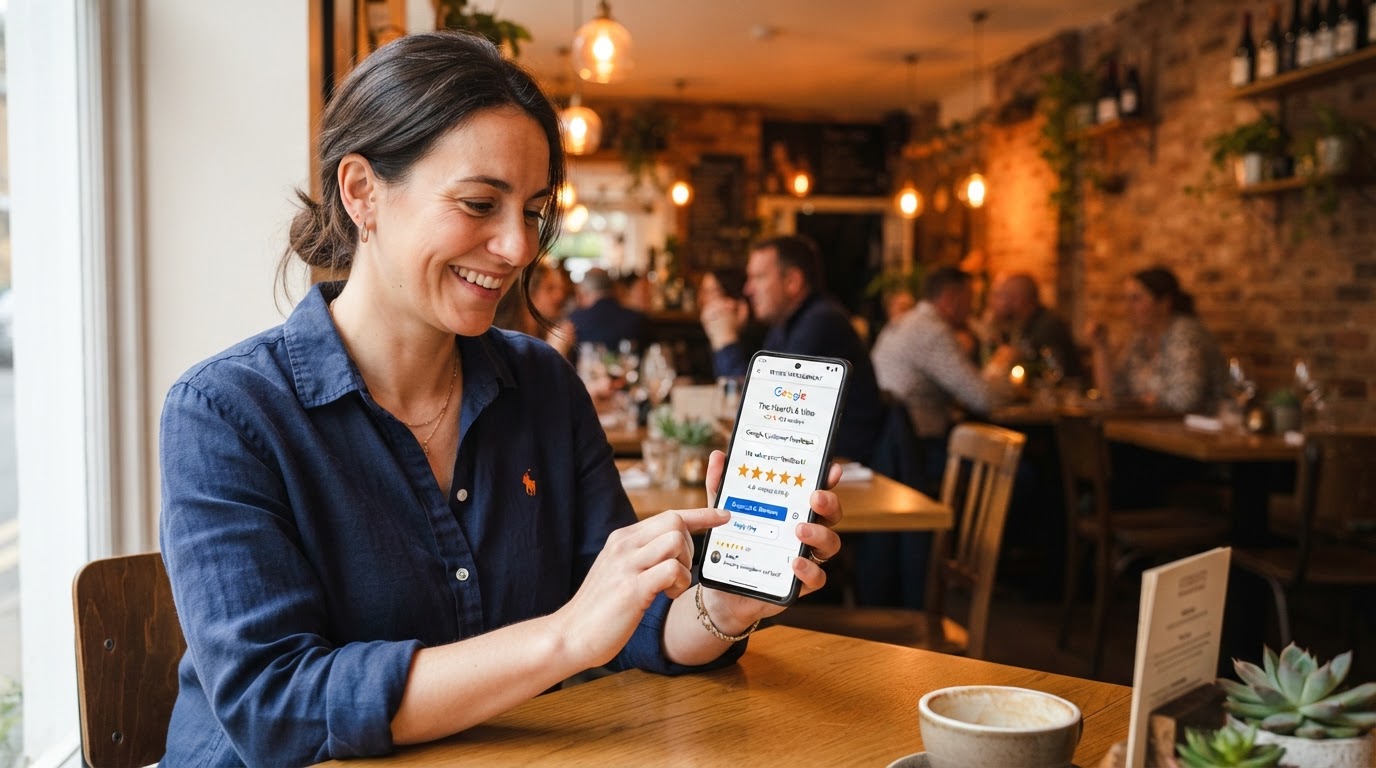 A restaurant owner reviewing customer Google reviews on a phone inside their restaurant