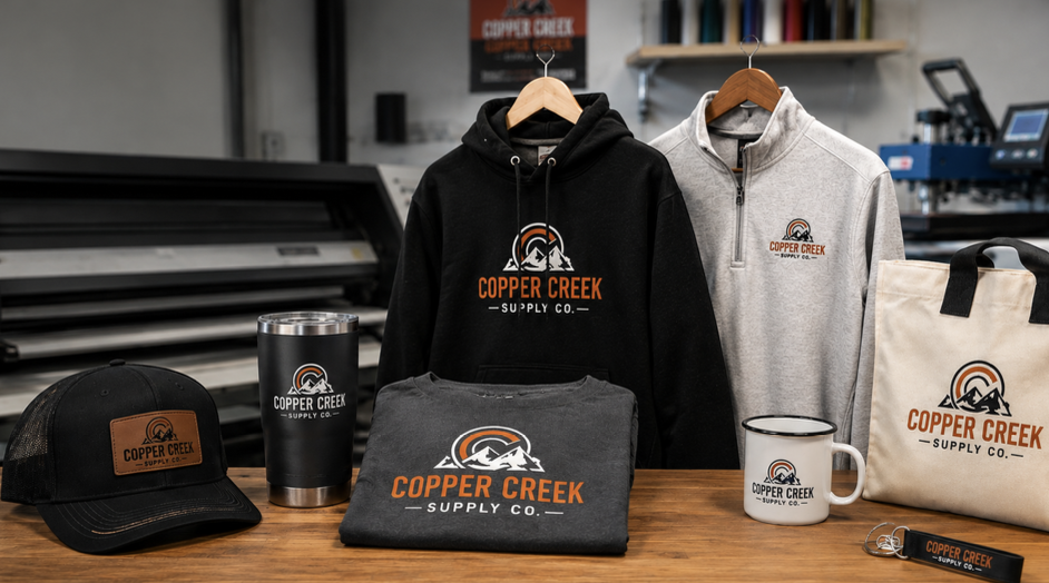 Copper Creek Supply Co branded apparel and merchandise display