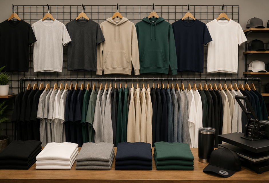 Custom apparel display with t-shirts, hoodies, and printing equipment