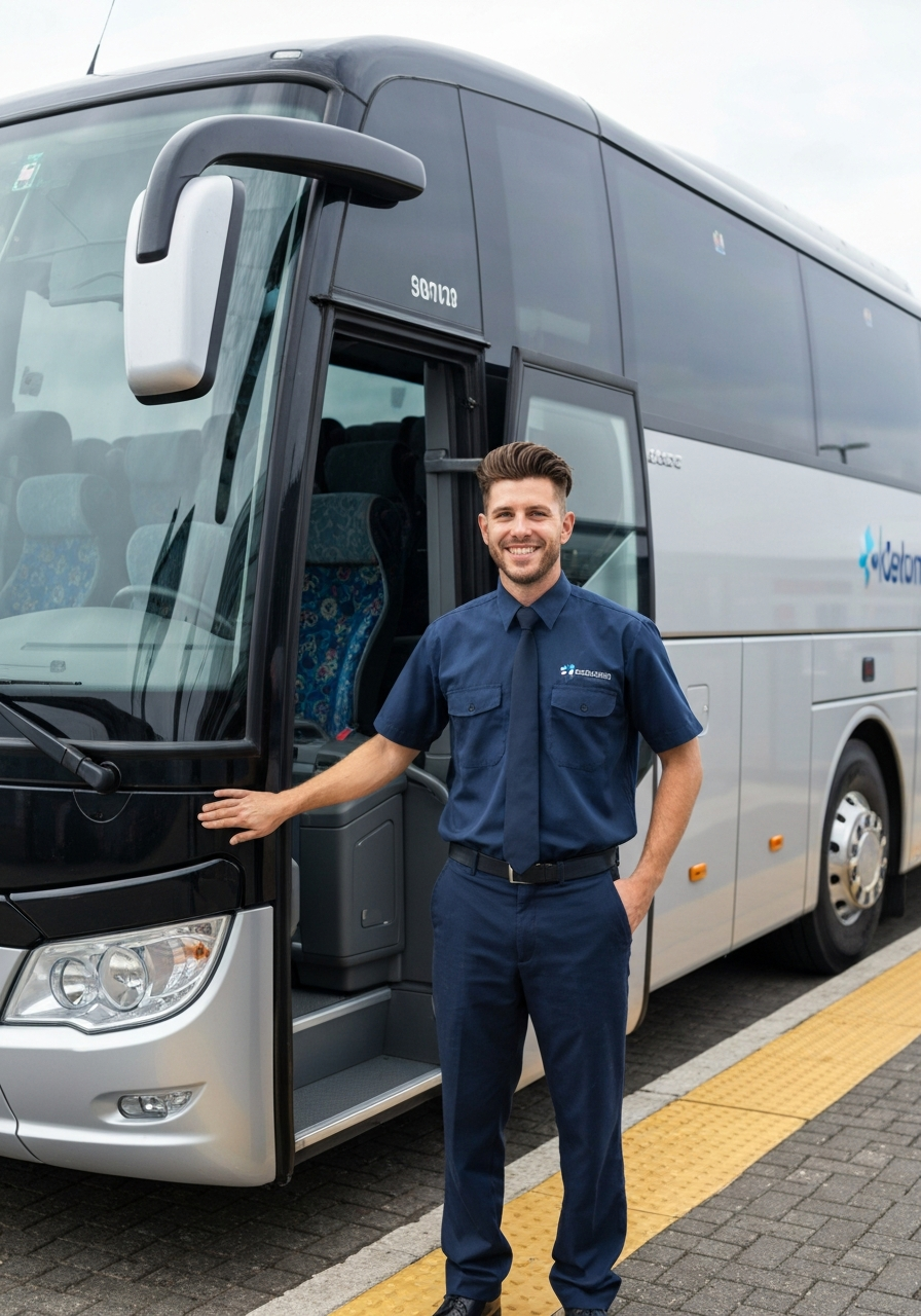 Professional driver welcoming passengers