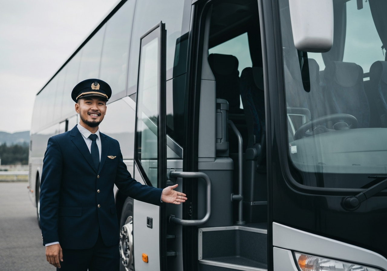 Professional driver helping passengers