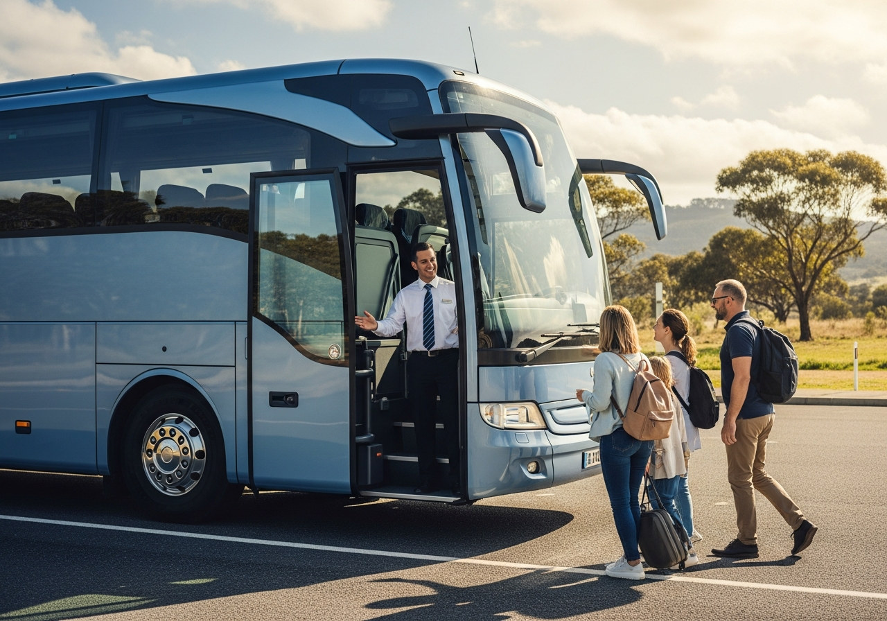 Driver welcoming passengers to a modern coach bus