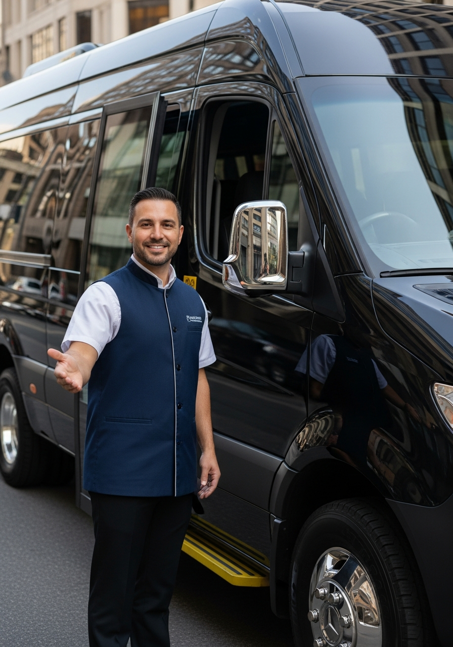 Professional driver welcoming passengers to a passenger van