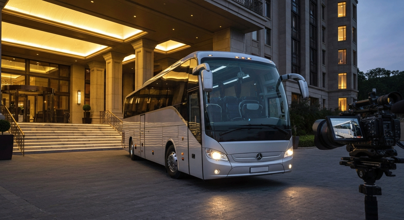 Modern passenger coach bus arriving at a luxury hotel entrance